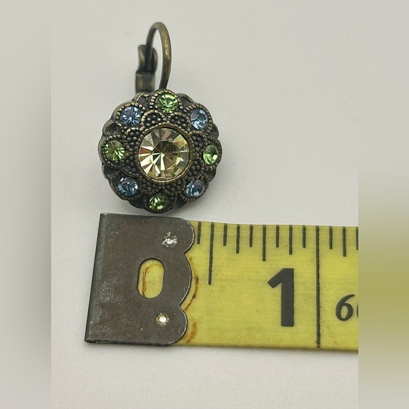 Green and Blue Crystal Studded Oxidized Gold Tone Drop Earrings - Picture 9 of 9